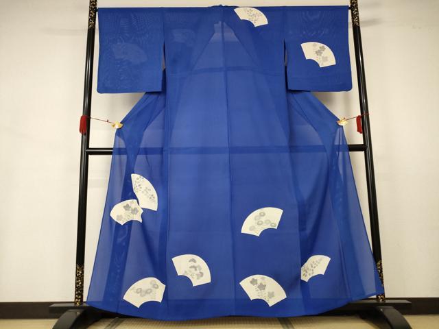 長閑やかさ屋御召しもの＊夏物 短い訪問着 絽 扇子花文 銀彩 正絹 珠玉 AABA9401jd
