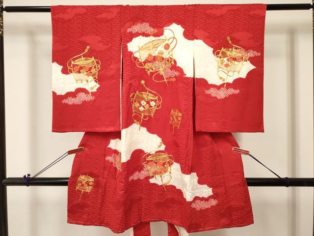 長閑やかさ屋御召しもの[]お宮参り うしろ帯 祝着 産着 初着 のしめ 駒刺しゅう 絞り 糸車花文 珠玉 DABC5022ma