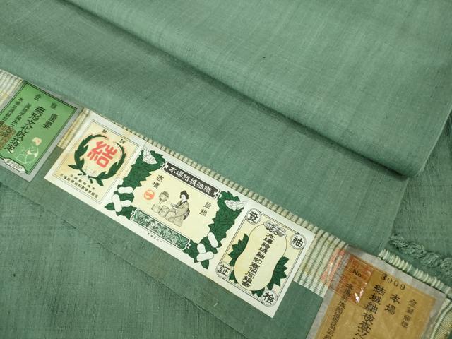 平和屋本店●極上　本場結城紬　重要無形文化財　奥順謹製　色無地　錆浅葱色　証紙付き　逸品　DZAB2265kh6｜平和屋