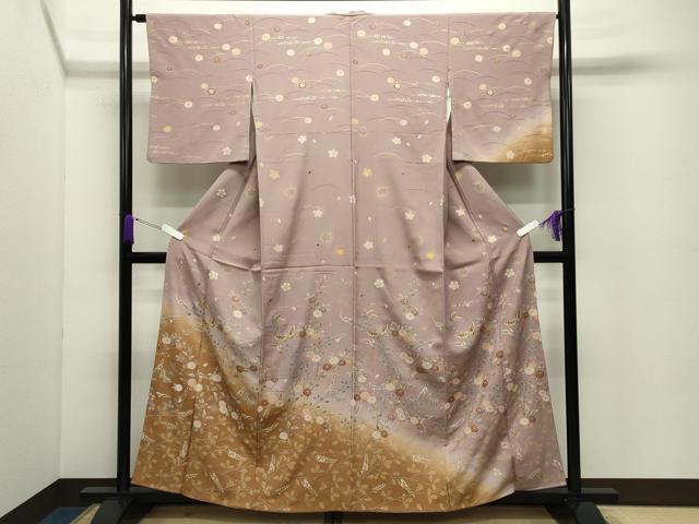 長閑やかさ屋御召しもの●短い訪問着 駒刺しゅう 舞蝶花文 暈し染め 金彩 正絹 珠玉 CABC8262gh