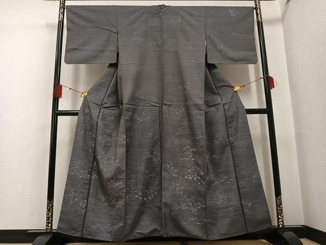 平和屋着物●訪問着　紬地　ろうけつ染め　流水風景草花文　正絹　逸品　AABF8742ph｜平和屋