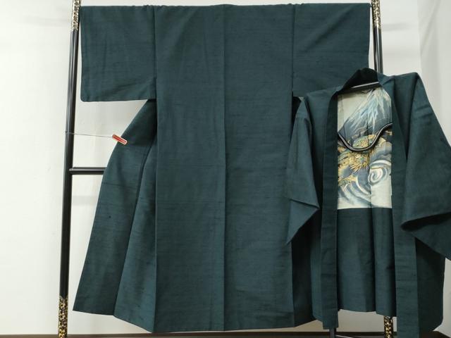 長閑やかさ屋御召しもの●成人男性 紬 合奏団 色無地 褐返色 羽裏：富士山・鷹 正絹 珠玉 CABE2747yc