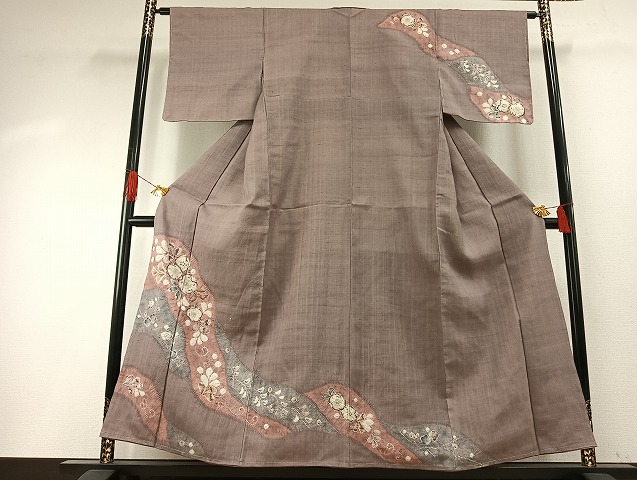 長閑やかさ屋御召しもの●短い訪問着 紬地 絞り 辻が花 正絹 珠玉 未当て嵌める AABH4903fy