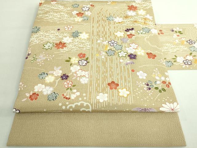 平和屋本店●極上 九寸名古屋帯 駒刺繍 風景花文 枯色地 金彩 鬼しぼ縮緬 たとう紙付き 逸品 DZAB1243kh5