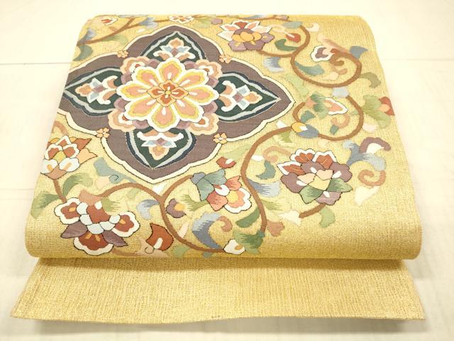 長閑やかさ屋お召しもの＊夏物 明綴れ 膜鳴楽器柄袋帯 花唐草文 金糸 正絹 珠玉 DAAX5949糎