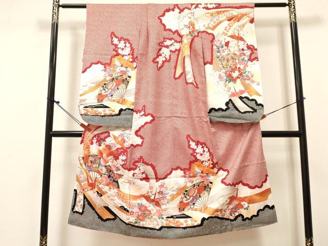 長閑やかさ屋御召しもの[]七五三 お嬢さん ７歳 祝着 四つ身 駒刺しゅう 折り鶴 扇子飛鶴花文 暈し染め 金彩 珠玉 DABE7187ma
