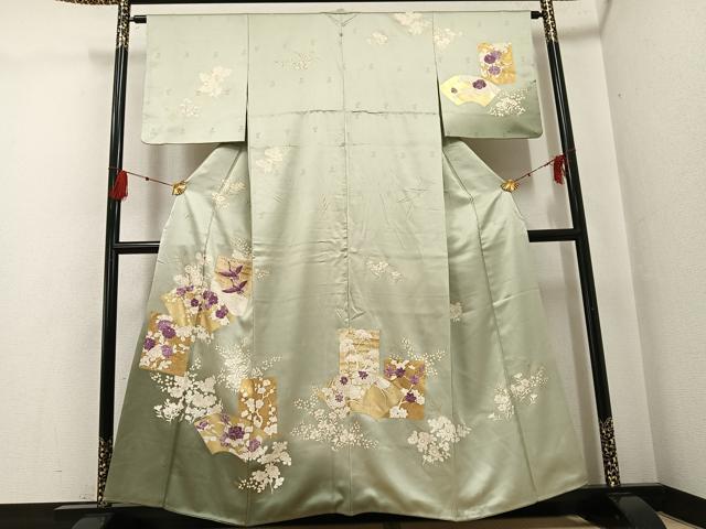 長閑やかさ屋お召しもの●短い訪問着 刺しゅう 人だかり鶴西洋紙被子植物文 貝紫 暈し染め 金彩 正絹 珠玉 AABG1068ph レディースファッション-和服