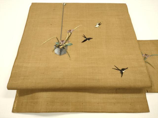 平和屋着物＊夏物 九寸名古屋帯 総刺繍 飾花文 燕 金糸 正絹 逸品 DAAY8137cm｜平和屋