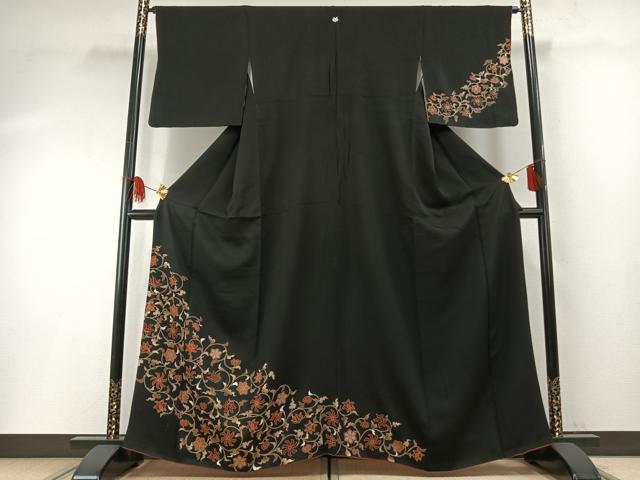 長閑やかさ屋御召しもの●短い訪問着 花唐草文 黒地 金彩 正絹 珠玉 AABF5963fy