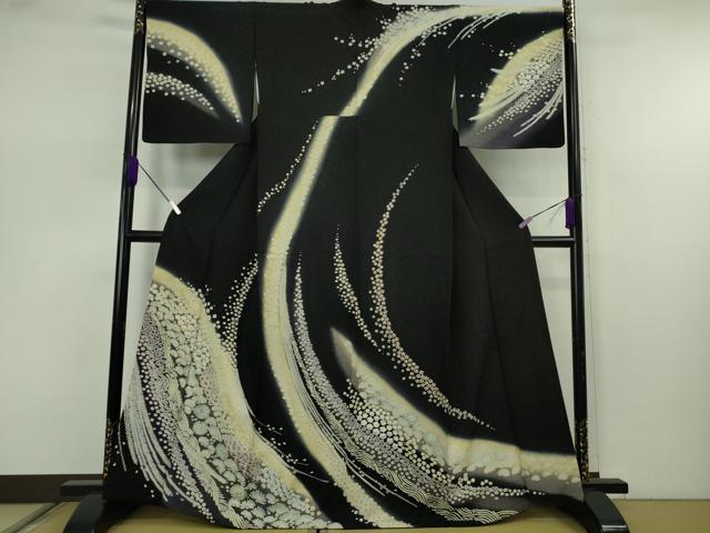 平和屋着物●極上　中国三大刺繍　相良刺繍　訪問着　舞花文　暈し染め　黒地　銀通し地　逸品　DZAB7621kh6｜平和屋