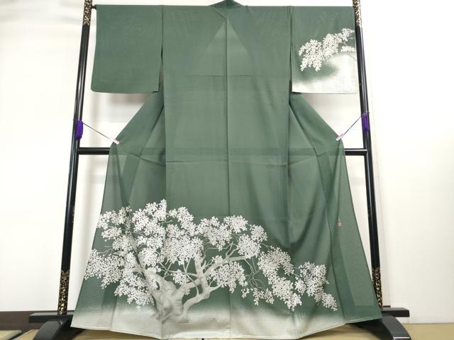 長閑やかさ屋中央局■飛び切り 夏物 松尾光琳 短い訪問着 絽 桜 暈し染め 虫襖色地  銀彩 五泉 皇室献上絹 反端付き添い人 珠玉 DZAA3170kh5