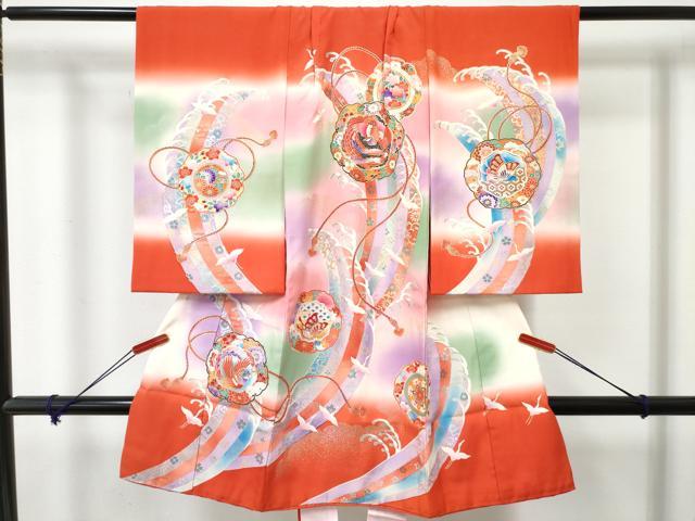 平和屋着物[]お宮参り　女の子　祝着　産着　初着　のしめ　駒刺繍　鏡裏花文　暈し染め　金銀彩　逸品　DABE7271ma｜平和屋