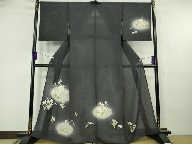長閑やかさ屋中央局＊より良い 夏物 短い訪問着 変わり絽 顕花植物文 藍鉄御納戸地 暈し染め 金彩 珠玉 DZAB6844kh6