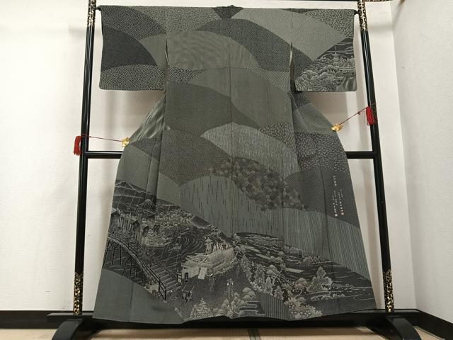長閑やかさ屋御召しもの●言い慣わし芸術士 染谷梅治 刻みつける師：太田茂夫 日本の首都小紋 短い訪問着 日本の首都百景 黒地 さが美取りまわし 正絹 珠玉 AABH8302ph