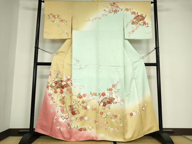 平和屋着物●訪問着 扇面吉祥花文 暈し染め 金彩 正絹 逸品 未使用 DABA4673az|平和屋
