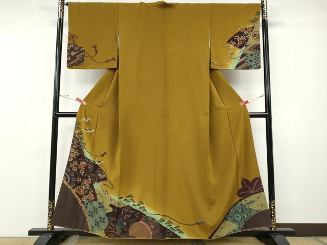 長閑やかさ屋御召しもの●短い訪問着 刺しゅう 飛鶴舞蝶被子植物文 金彩 正絹 珠玉 CABF3275ut