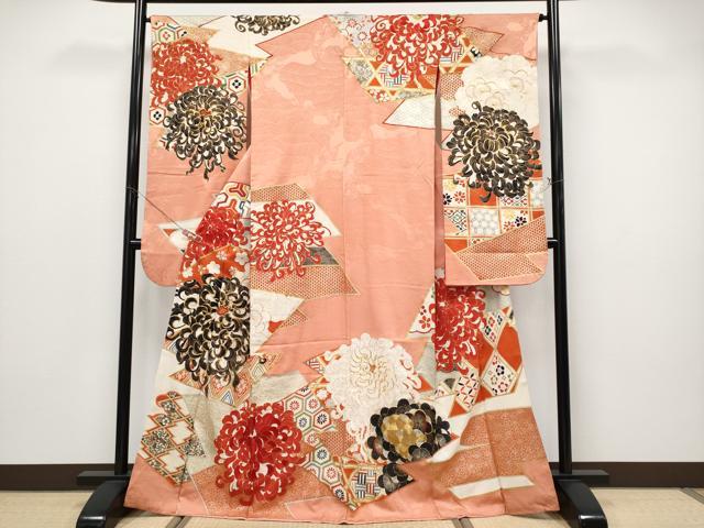 平和屋本店●極上　アンティーク　大正ロマン　中国三大刺繍　相良刺繍　駒刺繍　振袖　乱菊　梅　金彩　曙色地　逸品　CYAA4948s6｜平和屋