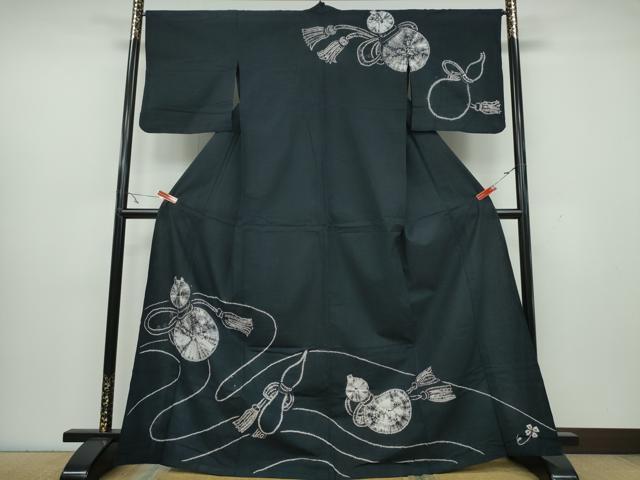 平和屋着物&there4;夏物 訪問着・浴衣兼用 絞り 瓢箪 黒地 綿 逸品 CAAY4665ng｜平和屋