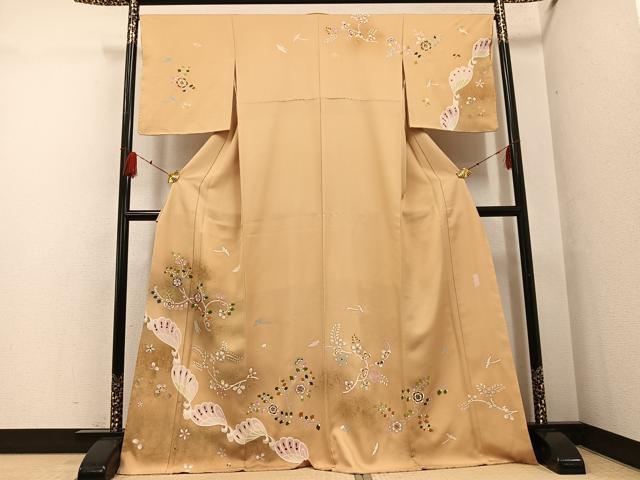 長閑やかさ屋御召しもの●本加賀友禅絵描き 北村比呂志 花鳥唐草文 金彩 短い訪問着 正絹 珠玉 未当て嵌める AABF8775ph