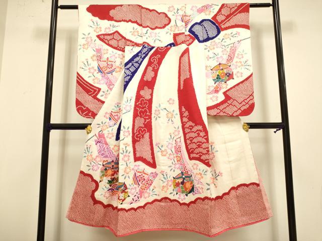 長閑やかさ屋中央局[]より良い 七五三 御嬢さん ７歳 祝着 四つ身 絞り 風呂敷き包み熨斗糸車花文 珠玉 DZAB3246kh6