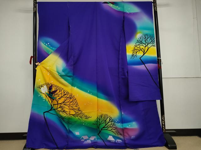 長閑やかさ屋御召しもの●ピクチャーブック絵描き 永田萌 振袖 枝木飛鳥文 銀通し地 丹後ちりめん 仮絵羽 珠玉 未当て嵌める AABI5248cs