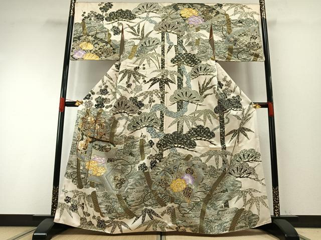 平和屋着物●訪問着 駒刺繍 松竹梅 貝桶扇面花文 金彩 正絹 逸品 AABH4671fy|平和屋