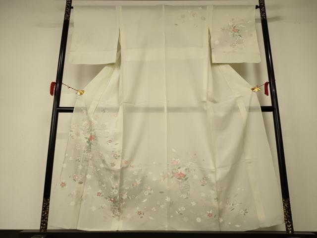 長閑やかさ屋御召しもの＊夏物 短い訪問着 絽 駒刺しゅう 飾花文 暈し染め 銀彩 正絹 珠玉 AABD3305jd
