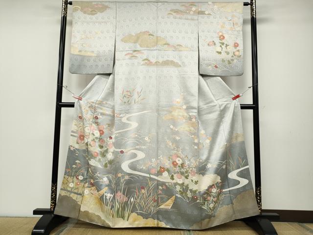 長閑やかさ屋お召しもの●短い訪問着 文筆家物 舟水筋顕花植物文 現ナマ彩 正絹 珠玉 CABC2384ut