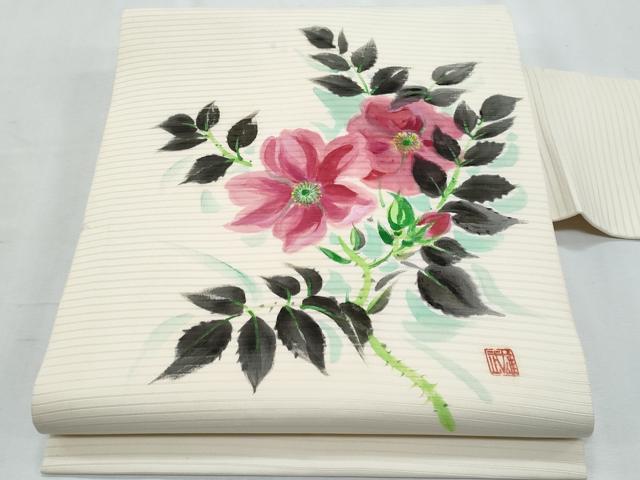 平和屋着物＊夏物 塩瀬 九寸名古屋帯 作家物 手描き 枝花文 正絹 逸品 CABI5639fb｜平和屋
