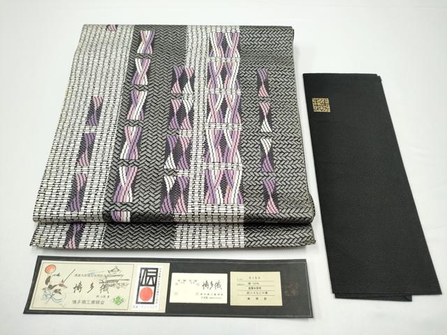 長閑やかさ屋お召しもの●1897年築き上げる 名家岡野 発祥地筑前博多織 千年制作室 八寸名古屋帯 幾何学学文様 岡野謹製 博多金付け札 証紙 正絹 珠玉 CABG6110hy