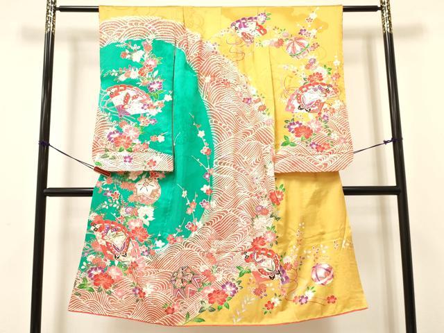 長閑やかさ屋御召しもの[]七五三 うしろ帯 ７歳 祝着 四つ身 鞠 檜扇花蝶文 暈し染め 現ナマ彩 珠玉 DAAY3254ma