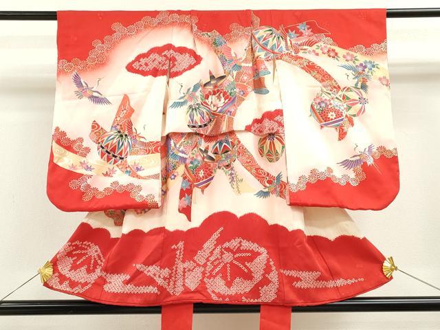 長閑やかさ屋御召しもの[]七五三 うしろ帯 ３歳 祝着 参身 絞り 風呂敷き包み熨斗飛鶴糸車文 暈し染め 現ナマ彩 珠玉 CAAZ6974ze