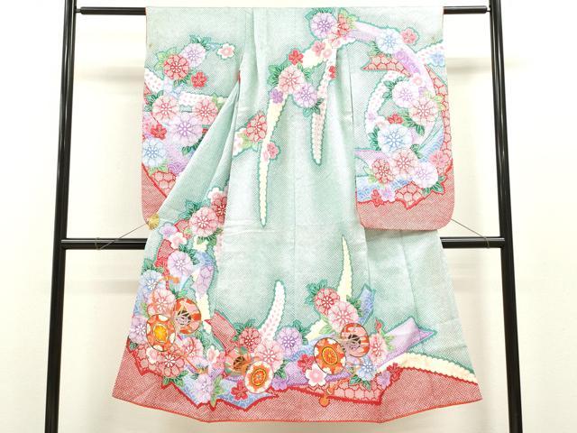 長閑やかさ屋御召しもの[]七五三 御嬢さん ７歳 祝着 四つ身 駒刺しゅう 鼓顕花植物鹿の子文 金彩 CAAZ6991ze