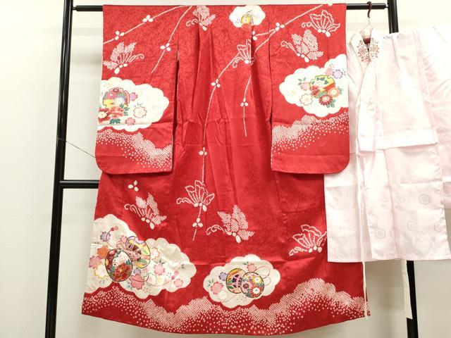 長閑やかさ屋御召しもの[]七五三 御嬢さん ７歳 祝着 四つ身 長襦袢書き割り 奮い起こす蝶顕花植物文 金彩 珠玉 CAAZ7023ze