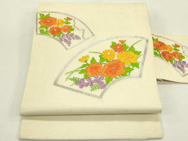 平和屋着物＊夏物 九寸名古屋帯 総刺繍 地紙草花文 銀糸 正絹 逸品 CABI5394rv｜平和屋