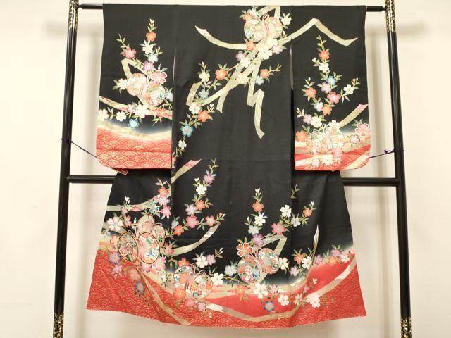 長閑やかさ屋御召しもの[]七五三 うしろ帯 ７歳 祝着 四つ身 駒刺しゅう 鼓花文 黒地 暈し染め 金彩 珠玉 DAAY3251ma