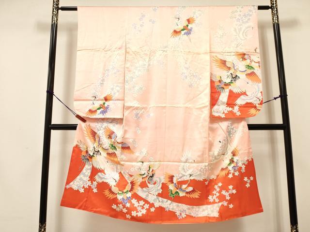 平和屋着物[]七五三　女の子　７歳　祝着　四つ身　駒刺繍　群れ鶴花文　金彩　逸品　DAAY3262ma｜平和屋