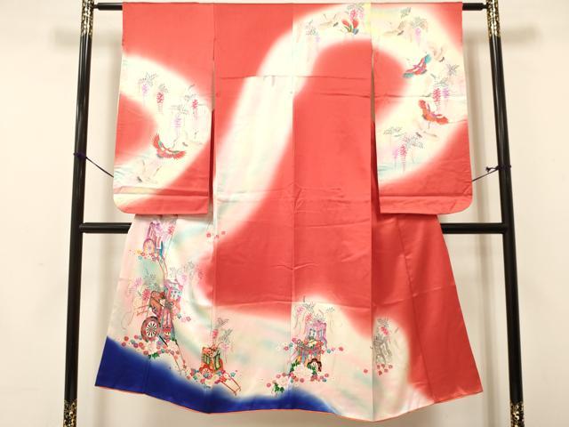 平和屋着物[]七五三　女の子　７歳　祝着　四つ身　御所車飛鶴花文　暈し染め　金銀彩　逸品　DAAY3264ma｜平和屋