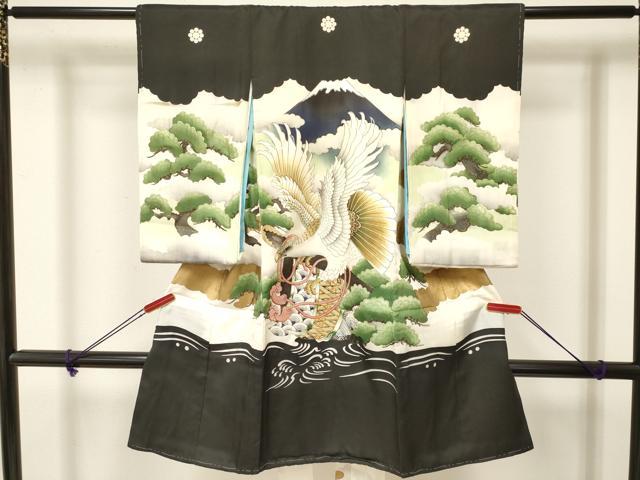 平和屋着物[]お宮参り　男の子　祝着　産着　初着　のしめ　肌襦袢付き　刺繍　鷹　鷲　几帳松文　金彩　逸品　DAAY3199ma｜平和屋