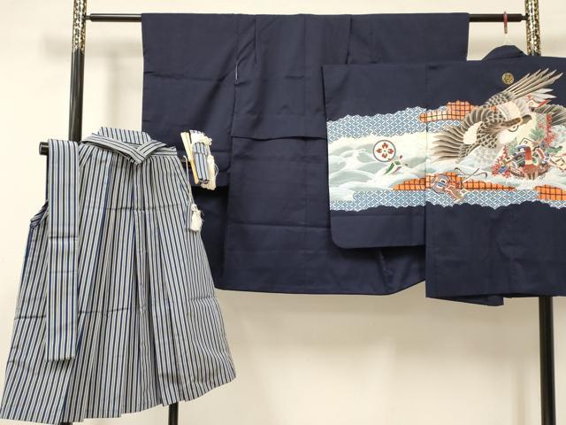 長閑やかさ屋御召しもの[]七五三 御坊っちゃん 祝着・羽織・行灯袴・小物仕掛ける 鷹 鷲 宝船 現ナマ彩 洗える御召しもの DAAY3237ma