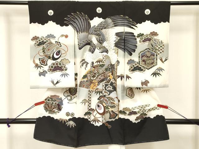 平和屋着物[]お宮参り　男の子　祝着　産着　初着　のしめ　鷹　鷲　兜　地紙松文　暈し染め　金彩　逸品　DAAS9316ma｜平和屋