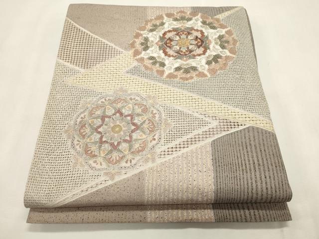 平和屋着物●中国三大刺繍　スワトウ刺繍　相良刺繍　総刺繍　太鼓柄袋帯　紬地　切嵌花文　正絹　逸品　CABI7208dy｜平和屋
