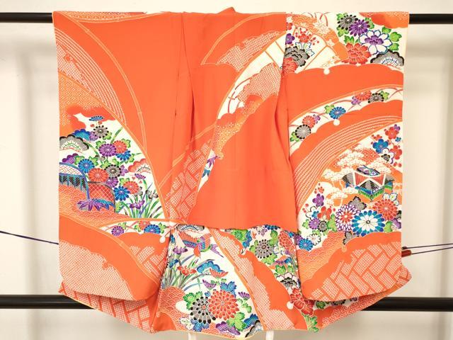 長閑やかさ屋御召しもの[]七五三 うしろ帯 ３歳 祝着 参身 型染 見晴らし花鳥文 珠玉 DAAY3089ma