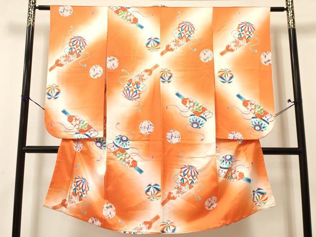 長閑やかさ屋御召しもの[]七五三 うしろ帯 ７歳 祝着 四つ身 羽根つき 鞠花文 暈し染め 金彩 珠玉 DAAY3093ma