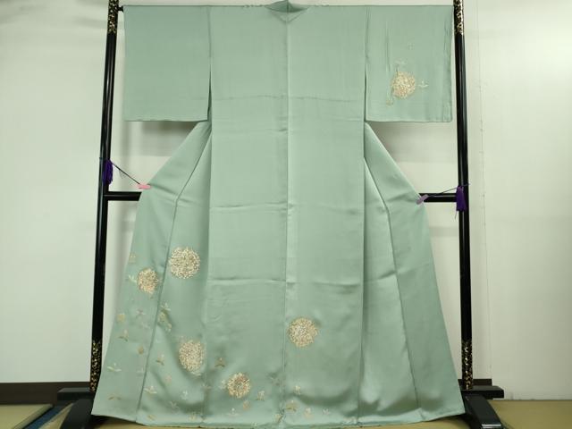 長閑やかさ屋中央局●飛び切り 短い訪問着 刺しゅう 花唐草文 錆青磁色地 金彩 珠玉 未当て嵌める DZAB3503kh6