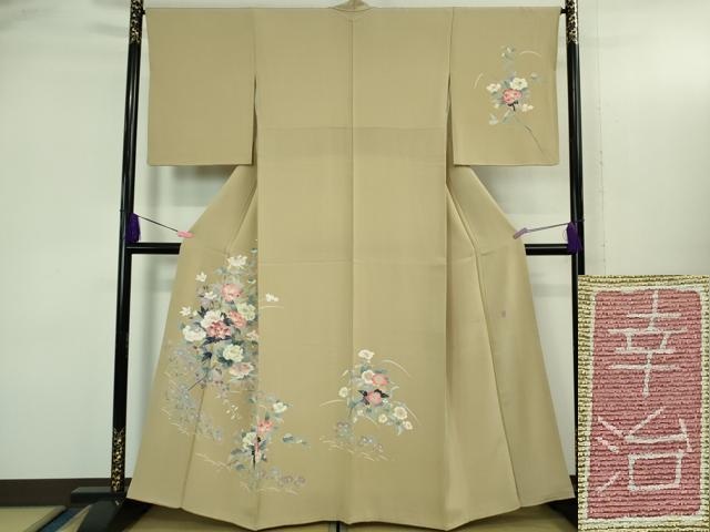 長閑やかさ屋中央局●飛び切り 本加賀友禅絵描き 岡本幸治 短い訪問着 被子植物文 白橡色地 珠玉 DZAB3513kh6
