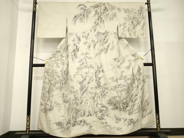平和屋着物●訪問着 結城紬 手描き 風景文 正絹 逸品 AABH2623ck|平和屋