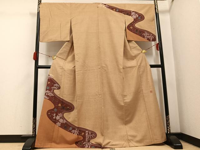 平和屋着物●皇室デザイナー　中村乃武夫　訪問着　紬地　流水草花文　正絹　逸品　AABH3879ph｜平和屋