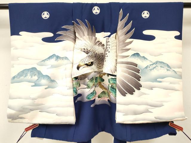平和屋着物[]お宮参り　男の子　祝着　産着　初着　のしめ　駒刺繍　鷹　鷲　風景松文　暈し染め　金彩　逸品　DAAY3189ma｜平和屋