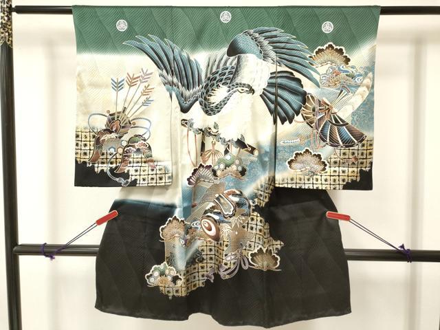 平和屋着物[]お宮参り　男の子　祝着　産着　初着　のしめ　鷹　鷲　打ち出の小槌　笹松文　暈し染め　金銀彩　逸品　DAAY3191ma｜平和屋